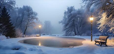 Frozen pond surrounded by snow-covered trees, with a wooden bench and lamppost nearby, softly