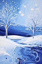 Abstract winter landscape illustration using cool blues and whites with swirling patterns and