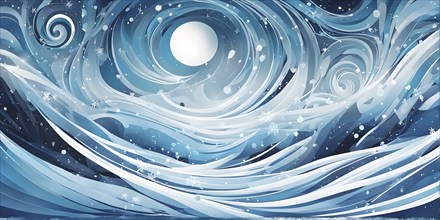 Abstract illustration of dreamy, icy landscape with swirling blues, whites, and silvers, evoking