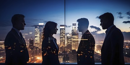 AI generated profile of business professionals with a double exposure of city lights, representing