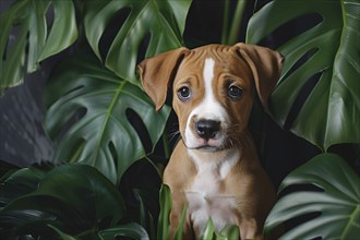 Dog puppy sitting between tropical houseplants. KI generiert, generiert, AI generated