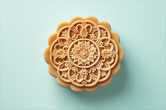 Chinese Mooncake on blue bakcground. KI generiert, generiert, AI generated