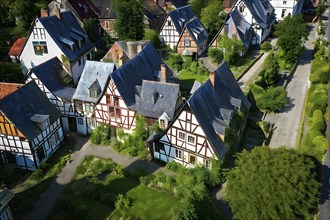 Aerial view capturing an ancient village with half timbered houses, AI generated