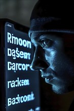 AI generated close up of mobile phone on screen displaying ransomware alert hackers silhouette