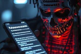 AI generated close up of mobile phone on screen displaying ransomware alert hackers silhouette