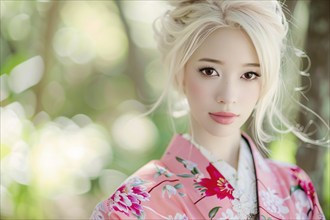 Beautiful young woman with pink kimono with blurry trees in background. KI generiert, generiert, AI