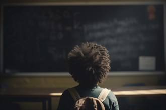 Back view of young african american child in front of school classroom chalkboard. KI generiert,