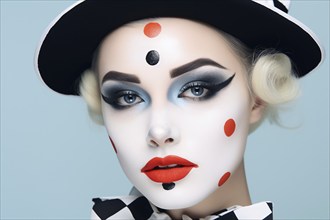 Young woman with Pirerrot clown carnival or Halloween costume makeup. KI generiert, generiert AI