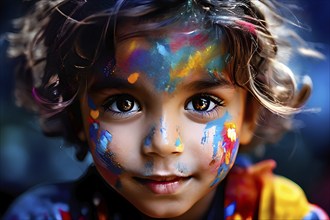 Close up Portrait of a child with a vibrant splash of face paint, AI generated