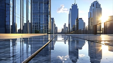 Marble ground with smooth reflective surface framing a view of a contemporary cityscape, AI