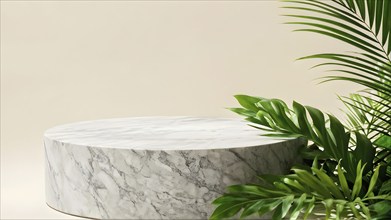 Marble stone podium stage with some green leaves for cosmetic beauty presentation, AI generated