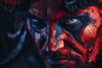 Close up of man with evil red devil Halloween makeup costume. Generative AI, AI generated