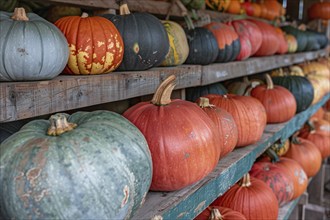 Many colorful muscade pumpkins on wooden racks at market. Generative Ai, AI generated