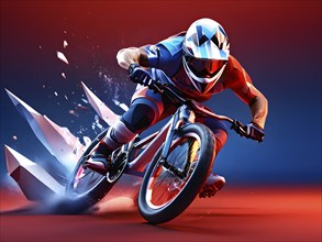 Bmx olympic cycling racer transformed into fluid abstract shapes french tricolor blue white red, AI