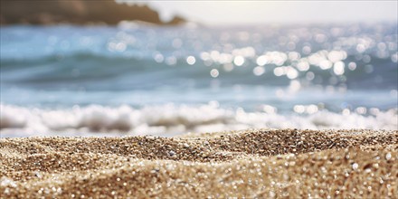 Close up of sand beach with ocean in background. KI generiert, generiert, AI generated