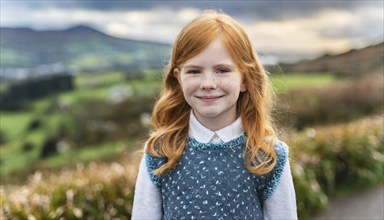 A smiling red-haired girl with freckles in front of a natural backdrop, Ireland, ki generated, AI