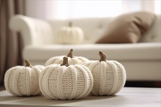 White knitted boho style Halloween or Autum home decor pumpkins. KI generiert, generiert, AI