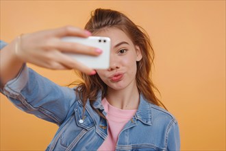 Young teenage girl taking selfie in front of studio background. KI generiert, generiert, AI