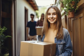 Young woman with cardboard box moving houses. KI generiert, generiert, AI generated