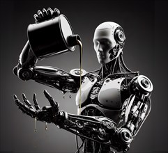 A humanoid robot lubricates its joints with machine oil, symbol image force, energy, cybernetics,