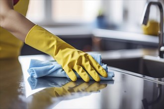 Close up of woman's hands in yellow rubber cleaning gloves with cleaning kitchen with blue cloth.