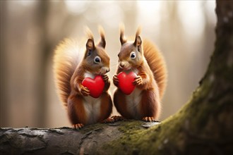 Pair of cute brown squirrels holding romantic red Valentine hearts while sitting on tree branch in