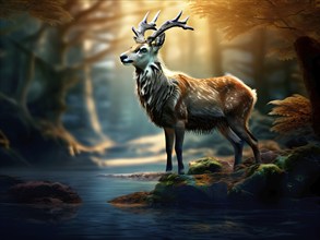 AI generated wildlife image of a deer in a mystic glowing forest enhanced with digital art