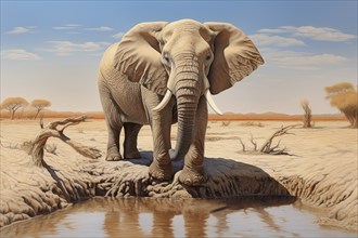 Desert elephant reflecting in a water pond, Africa, AI generated