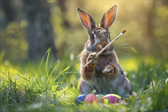 A humanised young hare holds a paintbrush in its paw and paints Easter eggs in a meadow, AI