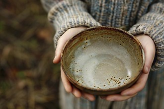 Close up of child's hand holding empty food bowl. Generative Ai, AI generated