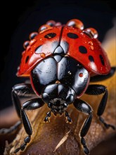 Macro of a ladybug (Coccinella septempunctata), revealing the fine texture of its bright red shell