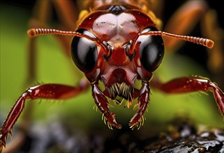 Extreme close up macro of a fire ant (Solenopsis invicta) in its natural environment, AI gene, AI