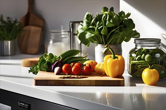 Minimalist kitchen with sleek, white cabinetry and a marble countertop, featuring a single wooden