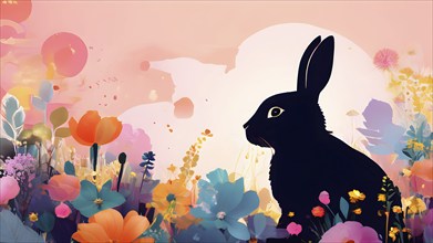 Abstract illustration of a bunny silhouette filled with a collage of spring flowers and vivid