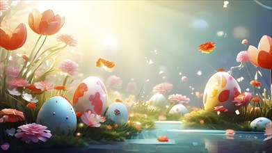 Surreal Easter scene with floating eggs, ribbons, and flowers in a dreamlike, whimsical composition