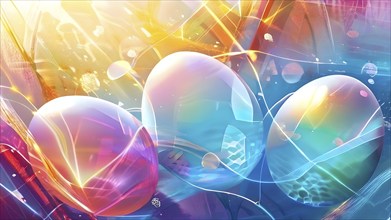 Easter-inspired abstract artwork with layered, translucent egg shapes overlapping with bursts of