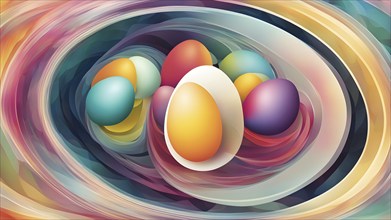 Easter-inspired abstract artwork with layered, translucent egg shapes overlapping with bursts of