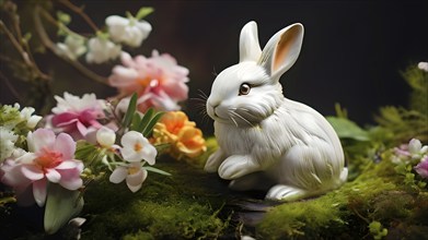 Vintage porcelain rabbit figurine surrounded by small, colorful spring flowers and soft moss, AI