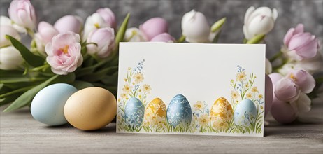 Easter card with delicate hand-drawn illustrations, placed among fresh flowers and decorated eggs,