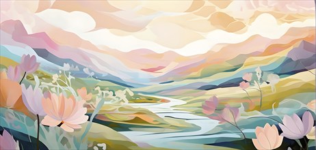 Easter-themed abstract landscape with fluid, flowing lines representing hills, flowers, and hidden