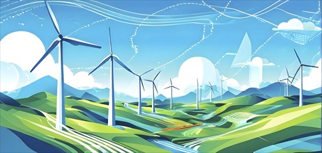 Abstract wallpaper illustration of interconnected wind turbines, represented by flowing lines and