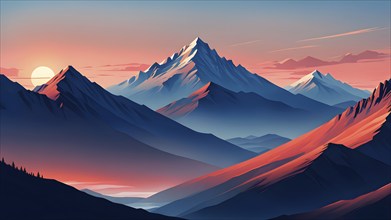 Minimalist landscape with stylized mountains and a setting sun, represented by simple geometric