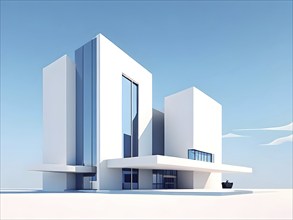 Minimalist architectural composition of modern buildings, with clean angles, rendered in geometric