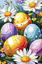 Abstract illustration of of vibrant-colored Easter eggs, surrounded by delicate spring flowers, AI