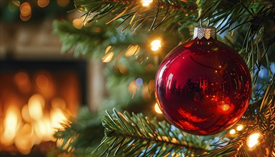 Christmas ornament hanging on a tree, with reflections of twinkling lights and fireplace flames