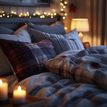 Cozy winter bedroom with flannel sheets, holiday throw pillows, with a warm glow filling the room,