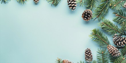 Winter banner with fir cones and fir branches on blue background with copy space. Generative Ai, AI