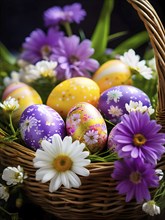 Vibrant-colored Easter eggs in a wicker basket, surrounded by delicate spring flowers, AI generated