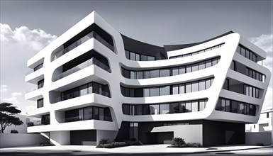 Rendering of a modern real estate apartment building in clean geometric forms in black and white,