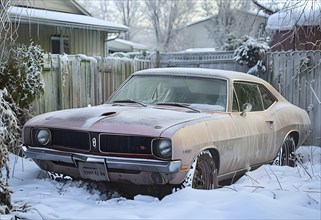 Classic 1960s muscle car, half-buried in snow in a forgotten backyard creating a sense of nostalgia